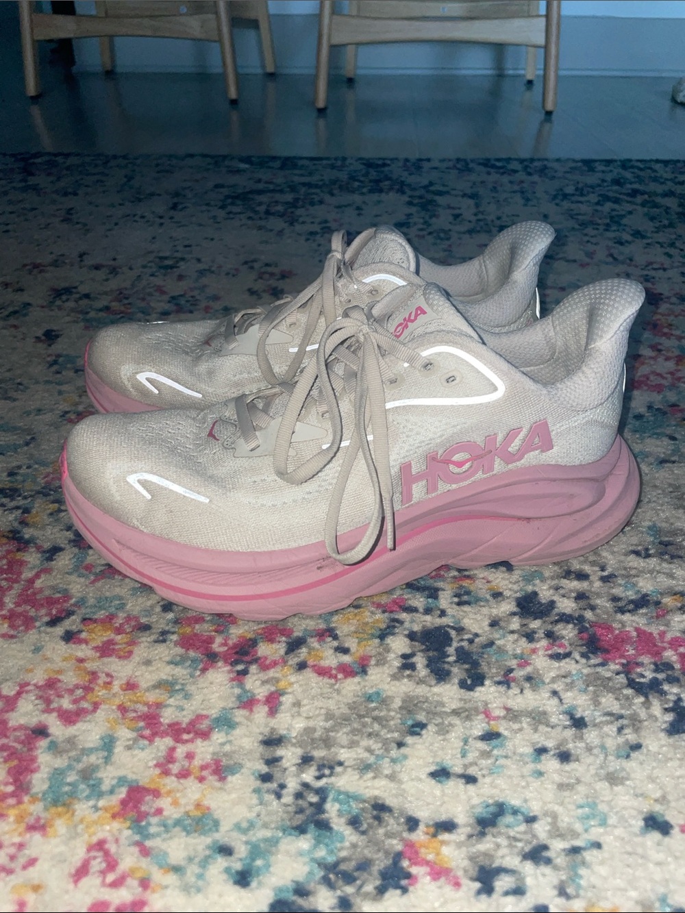 Hoka Women's Cream Upper Pink Midsole Athletic Running Shoes - Clifton 10